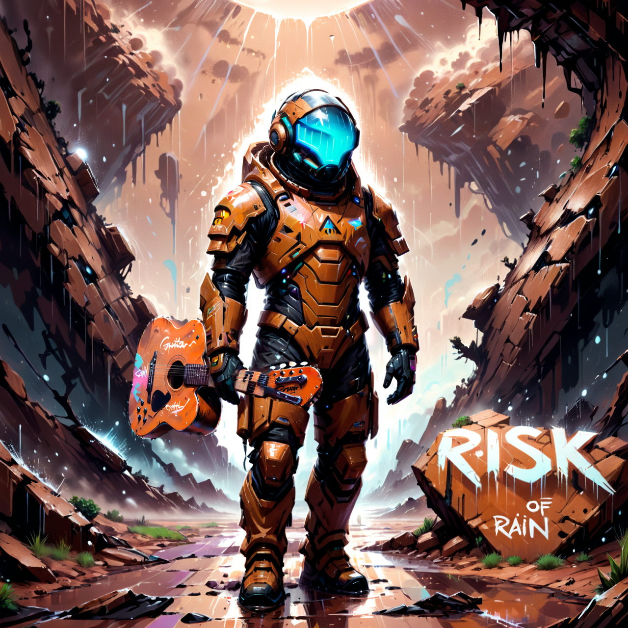 04287-2510696995-(_GUITAR_ text logo_ 1.4), brown, pastel, graffiti, logo, desolate planet landscape, man in armored spacesuit, rain, player one.png